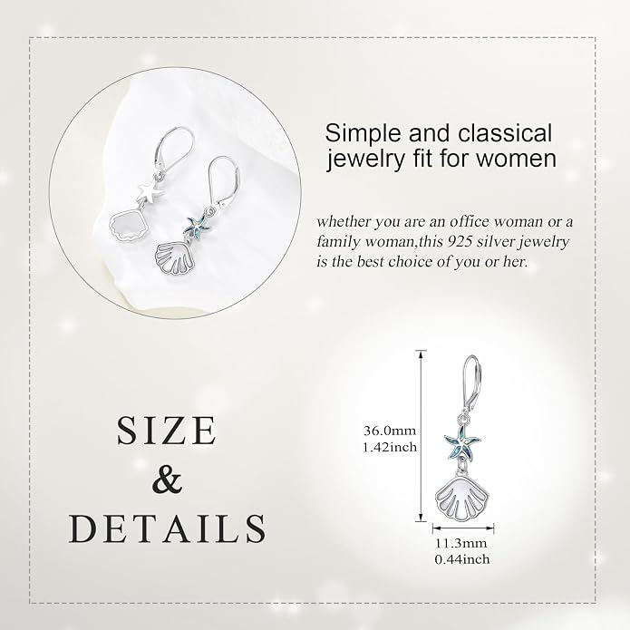 Starfish Shell Dangle Earrings 925 Sterling Silver Abalone Beach Lever-back Drop Earrings For Women Ocean Jewelry Gifts