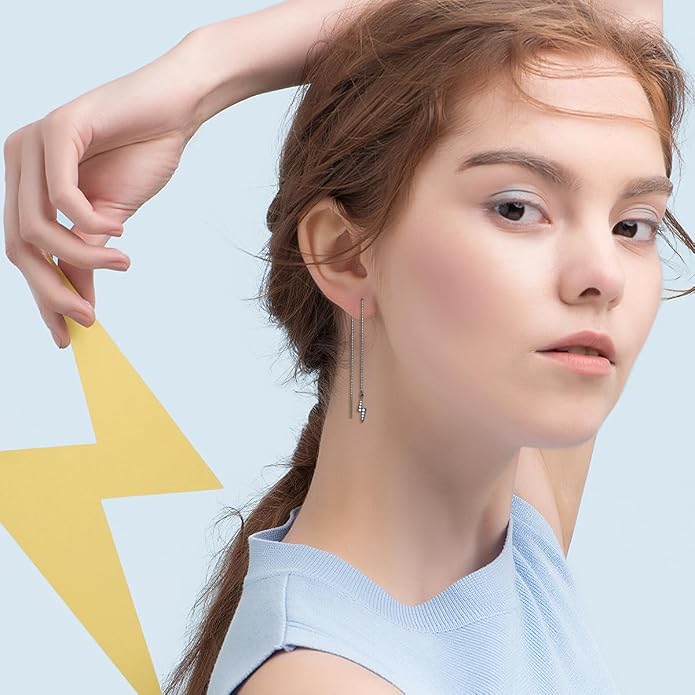 Sterling Silver Threader Earrings Flower Heart Moon Star Tiny Cube Rhombus Sector Beads Dream Catcher Evil Eye Butterfly Leaf Lightning Bolt Tassel Dangle Drop Chain Charm Earrings Jewelry Gifts for Women