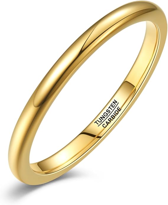 Vakki Gold Tungsten Wedding Bands for Men Women 2/4/6/8mm 14k Gold Plated Slim Stacking Stackable Engagement Promise Rings Domed High Polished Finish Comfort Fit size 5-12