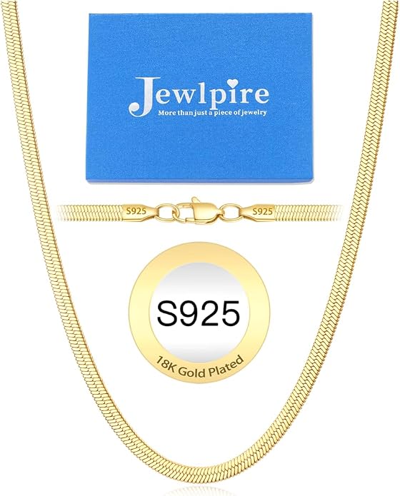 Jewlpire 3mm 4mm 5mm Herringbone Necklace 18K Gold Plated 925 Sterling Silver Chain Necklace for Women, Flat Snake Chain Necklace, Women's Chains Necklaces 16 18 20 22 24 Inch