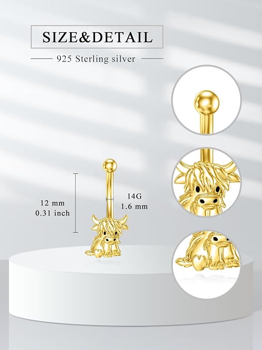 Sterling Silver 14G Belly Button Rings Cross/Cat/Butterfly/Cow/Skull/Birthstone Heart Navel Rings 16mm Body Piercing Jewelry for Women