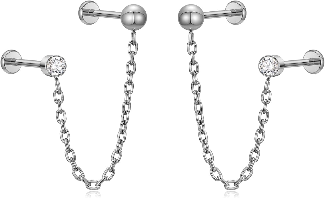 1 Pair ASTM F136 Titanium Double Piercing Dangle Earrings, Cubic Zirconia Dainty Chain Earrings for Helix Conch Earlobe