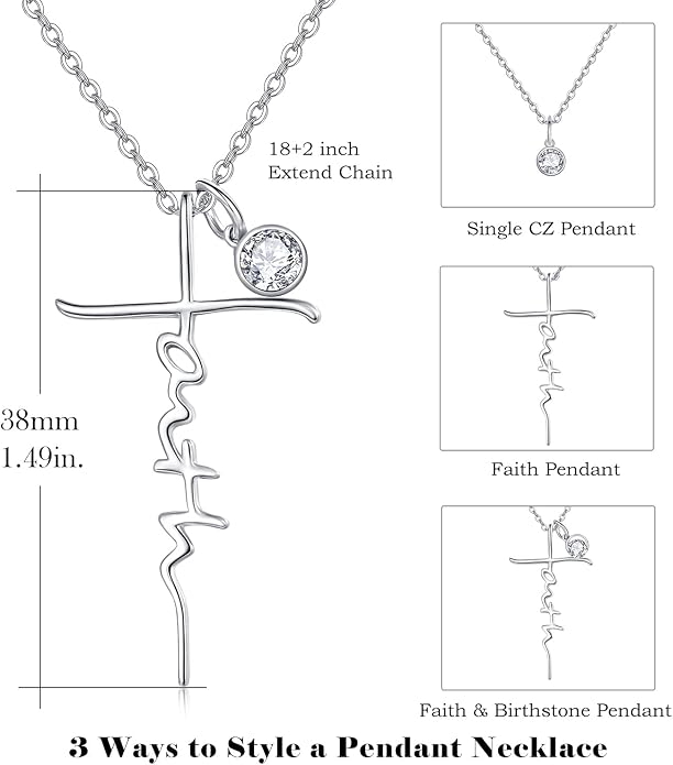 PRAYMOS Faith Cross Necklace for Women 925 Sterling Silver Pendant Necklace With Birthstone Initial Christian Religious Confirmation Baptism Mothers Day Gifts