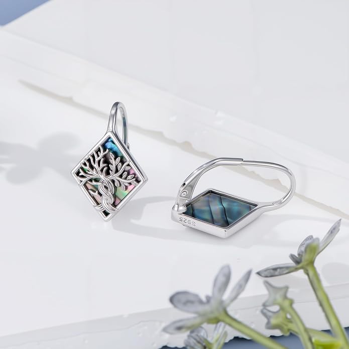 SIMONLY Abalone Shell Tree of Life/Lotus/Clover Earrings for Women 925 Sterling Silver Celtic Knot Leverback Earrings Lotus Jewelry Christmas Mother Day Gift