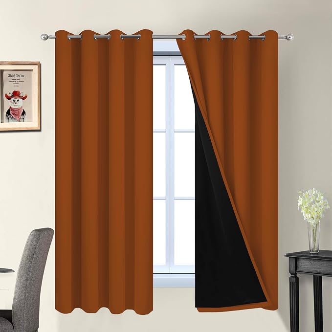 Yakamok Burnt Orange 100% Blackout Curtains 63 Inches Long 52" Wide 2 PCS | Blackout Curtain Panels for Bedroom, 2 Thick Layers Grommet Top Thermal Insulated Drapes with Black Liner for Living Room