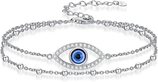 Dragonfly/Evil Eye/Hamsa Evil Eye/Lotus/Mushroom Anklet Bracelets for Women Sterling Silver Adjustable Double Layered Bracelet Anklet Mother's Day Jewelry Gifts Beach Jewelry