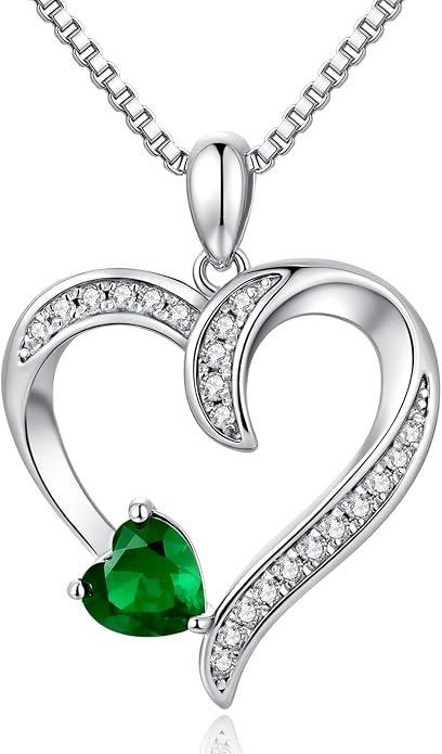 Love Heart Necklace for Women, 925 Sterling Silver Cubic Zirconia Birthstone Heart Pendant Jewelry Gift for Mom, Mother, Wife, Girlfriend on Birthday, Mother's Day, Chain 18 inch