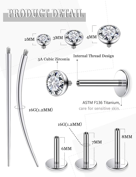 20G 18G 16G Astm F136 Titanium Internally Threaded Flat Back Earrings Nose Rings Studs G23 Titanium Tragus Helix Conch Cartilage Earrings Studs Piercing Jewelry For Women Men Clear Pink CZ