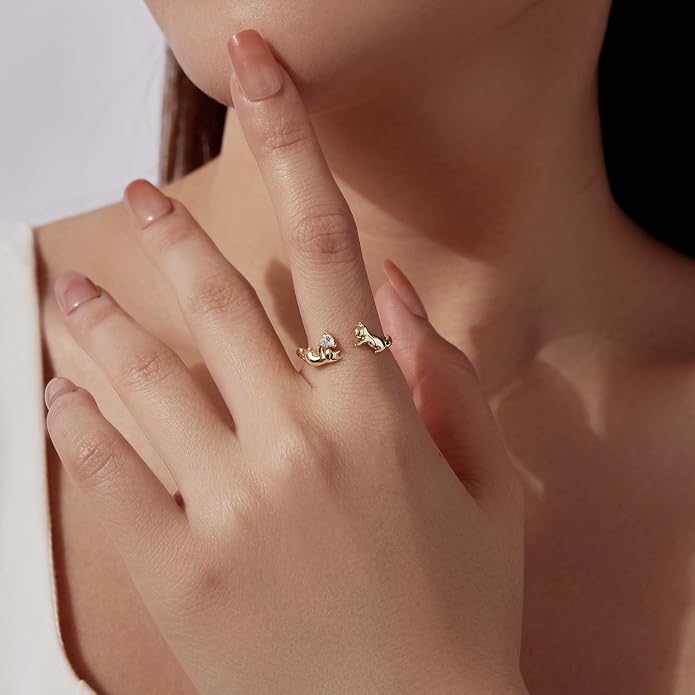 Adjustable Koi Fish Smake Dachshund Kitten Cat Hummingbird leaf Dragon Stackable Rings Lucky Protection Gold Adjustable Animal Themed Fortune Protection Ring Good Luck Statement Jewelry Women Grandma Mom Daughter