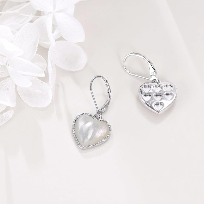Mother of Pearl/Black Onyx/Abalone Shell Heart Leverback Dangle Earrings Sterling Silver Fashion Jewelry Gifts for Women