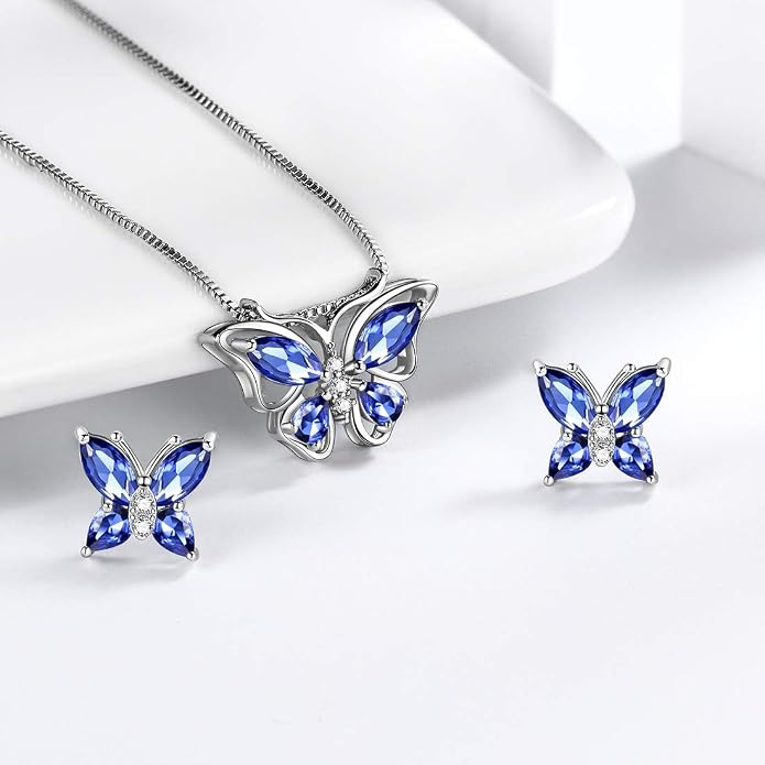Aurora Tears Butterfly Jewelry,Women 925 Sterling Silver Butterflies Birthstone Pendant Necklace/Earrings/Rings Wedding Gift