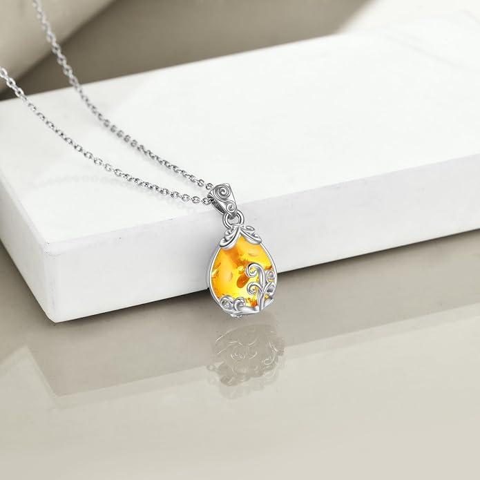 POPLYKE Sterling Silver Gemstone Teardrop Pendant Necklace Crystal Jewelry for Women