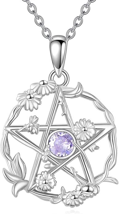Birthstone Pentagram Necklace for Women 925 Sterling Silver Pentacle Daisy Pendant Pentacle Jewelry Birthday Gifts