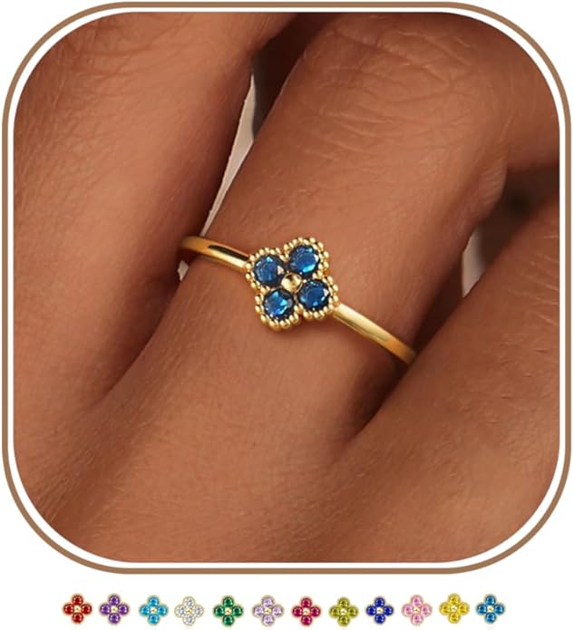 KAERUN Clover Birthstone Gold Rings for Women Non Tarnish 14K Gold Plated Stackable Thumb Ring Dainty Clover CZ Gemstone Emerald Engagement Rings Wedding Band Jewelry for Birthday Gifts Size 6-10