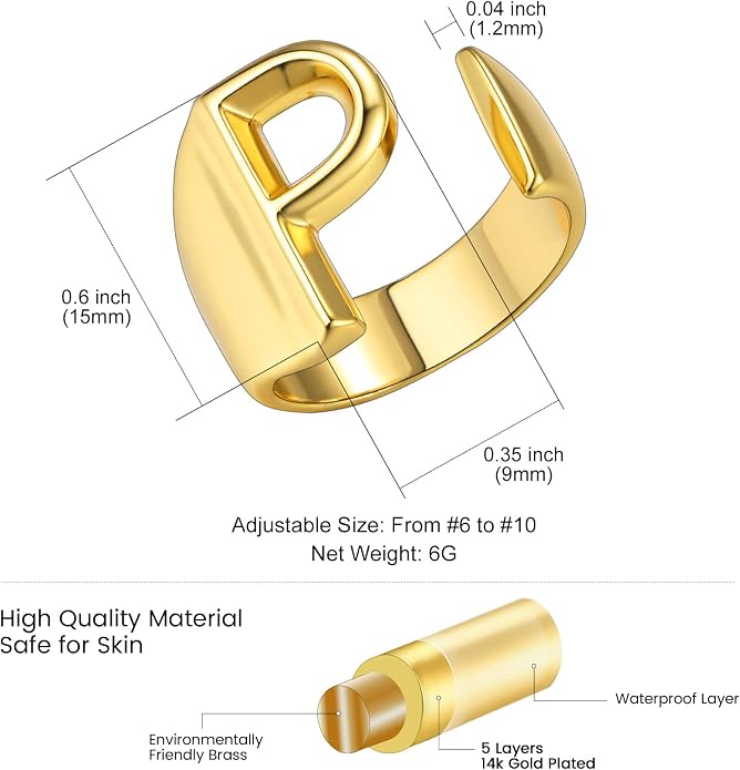 KeyStyle Bold Initial Letter Rings Adjustable, GoldChic Jewelry Women Gold Statement Ring Personalized Engraved Women’s Open Signet Ring for Party (Gold, White Gold, Black)