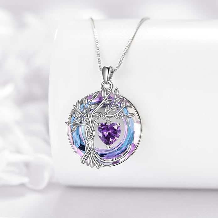 POPLYKE Mothers Day Gifts for Mom Her Wife Tree of Life Necklace 925 Sterling Silver Birthstone Pendant with Crystal Anniversary Birthday Wedding Jewelry for Women