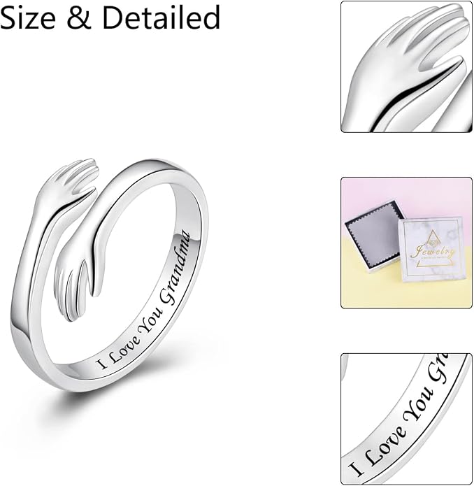 S925 Sterling Silver Hug Rings for Women Teen Girls Adjustable Ring for Granddaughter Daughter Hope Promise Friendship Hand Ring Jewelry for Birthday Graduation Christmas Mothers Day Valentines Gifts