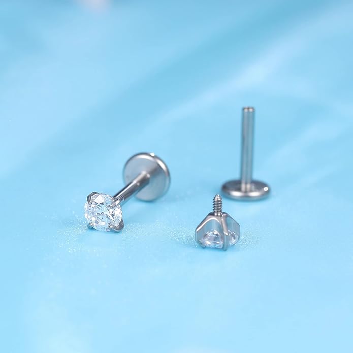 Limerencia 2Pcs 18g Titanium Internally Threaded Tragus Piercing Jewelry Nose Studs Flat Back Earrings Labret, Lip, Helix, Cartilage, Conch, Medusa Piercing for Women Men Sensitive Ears