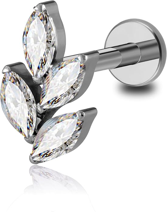 FINE4U 1PC Leaf Flat Back Stud Flat, Helix, Conch, Tragus 6mm 8mm - ASTM F136 Titanium Screw on Body Piercing Jewelry