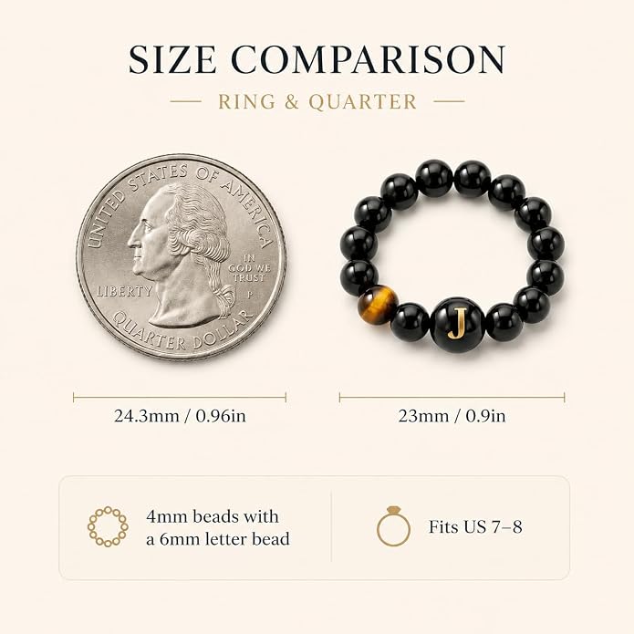 Initial Ring for Women, Black Onyx Beaded Stretch Letter Ring | Personalized-style A-Z initial ring with black onyx beads, shell letter bead, stretch fit, and gift-ready box