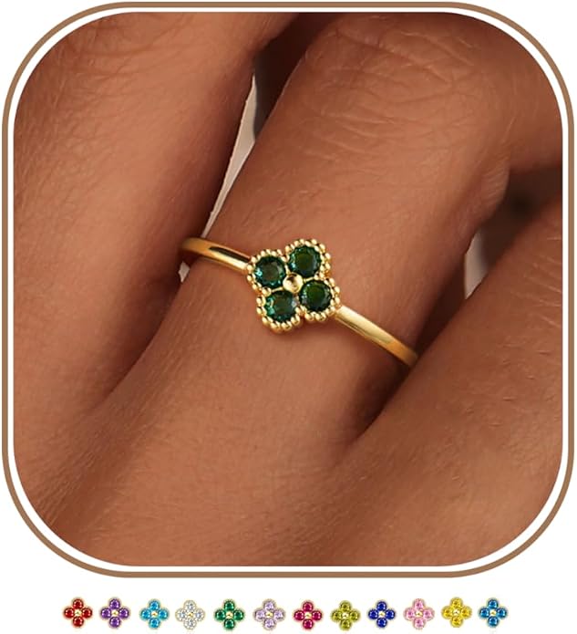 KAERUN Clover Birthstone Gold Rings for Women Non Tarnish 14K Gold Plated Stackable Thumb Ring Dainty Clover CZ Gemstone Emerald Engagement Rings Wedding Band Jewelry for Birthday Gifts Size 6-10