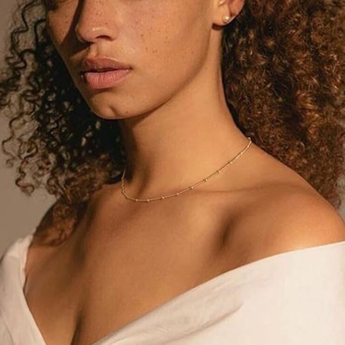MEVECCO Dainty Gold Chain Choker Necklace 14K Gold Plated Handmade Boho Cute Tiny Beaded Link Choker Necklace Delicate Simple Minimalist Choker Necklace for Women
