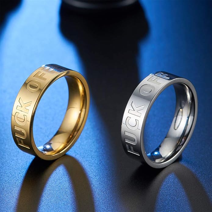 Men's Stainless Steel Cool Personalized Ring Engraved Fuck Off Inspirational Band Silver Gold