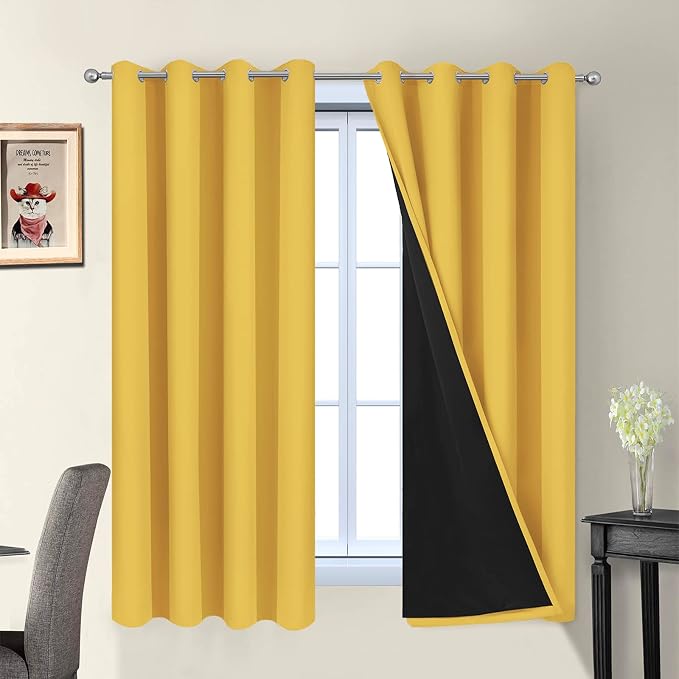 Yakamok Mustard Yellow Blackout Curtains Panels 63 Inches Long, 52" Wide | Blackout Curtain Panels for Bedroom, 2 Thick Layers Grommet Top Thermal Insulated Drapes with Black Liner for Living Room