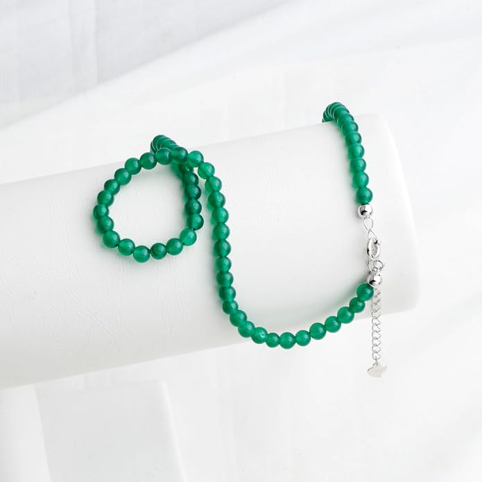 Kakikaki Natural Agate Choker Necklace Sterling Silver Round Beads Strand Necklace for Women
