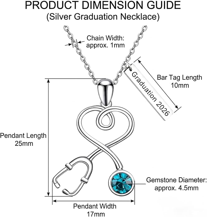 AOBOCO Stethoscope Necklace 925 Sterling Silver Embellished with 12 Months Birthstone Crystals from Austria, Graduation Gifts Medical Jewelry for Doctor Nurse Medical Student RN
