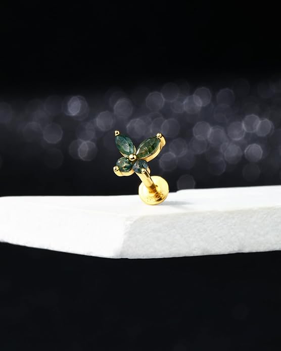 Jewseen Celtic knot&Butterfly Moss Agate Stud Earrings Dangle Internal Threaded Flat Back 16g 8mm Hypoallergenic 925 Sterling Silver Piercing Jewelry for Cartilage Lip Conch Tragus Helix