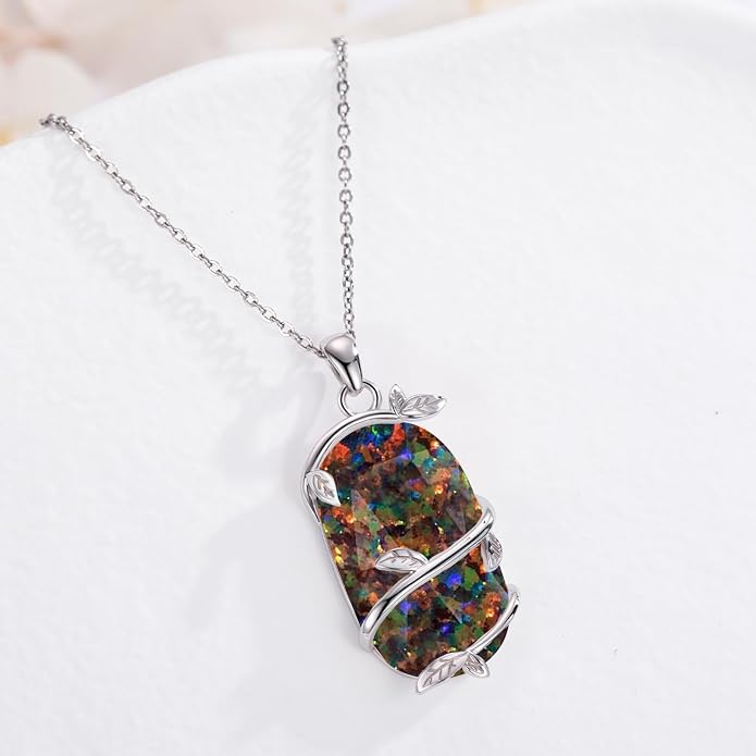Bar Opal Leaf Necklace For Women S925 Sterling Silver White Opal Pendant with Leaf Charm Bar Pendant Jewelry Gift For Mom Daughter Wife