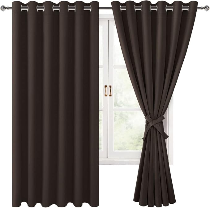 Hiasan Grommet Blackout Curtains for Bedroom, 70 x 63 Inches - Thermal Insulated & Light Blocking Window Drapes for Living Room/Dorm Room, Set of 2 Panels Sewn with Tiebacks, Brown