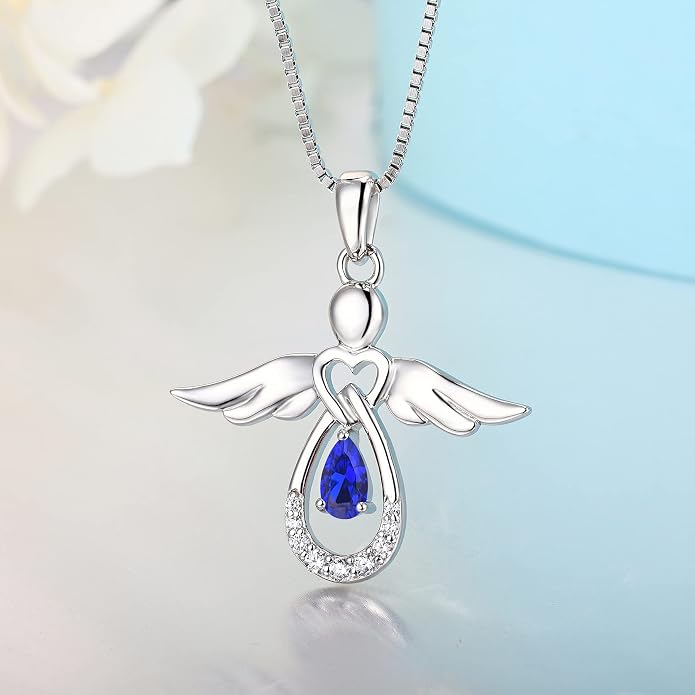 FJ Guardian Angel Necklace 925 Sterling Silver Birthstone Pendant Angel Jewelry Gifts for Women