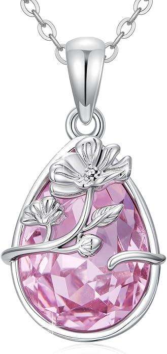 925 Sterling Silver Birth Flower Necklace with Teardrop Shaped Birthstone - 12 Colors, 12 Kinds of Flower - Ideal Birthday Jewelry Gift for Women, Mothers, Daughters & Wives