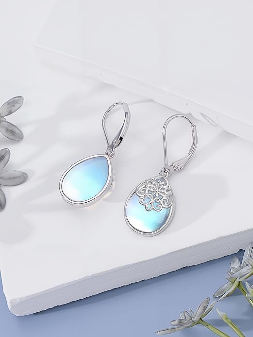 Dorunmo Moonstone Dangle Drop Earrings s925 Sterling Silver Leverback Earrings Filigree Moonstone Jewelry Birthday Gifts for Women