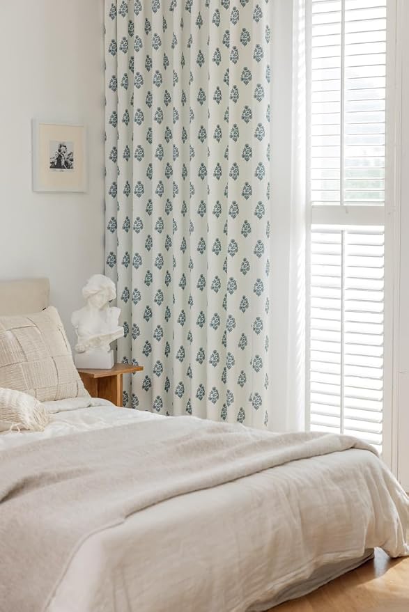 DrapePalette - Linen Blend Pinch Pleated Curtains 96 Inches Long for Living Room, Bedroom, Dining Room, Light Filtering Curtains 2 Panels Set, Modern Floral Printed Design, Kashmir Blue, 30" W x 96" L