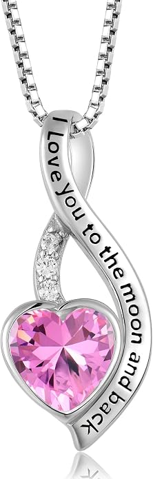 I Love You to The Moon and Back Necklace for Women, 925 Sterling Silver Heart Birthstone Pendant Necklace Jewelry Anniversary Birthday Gifts for Girls Women Wife Mom Daughter