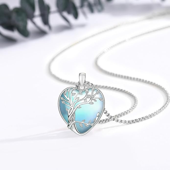 Eusense Tree of Life Necklace for Women White Gold Plated Copper Moonstone/Turquoise/Black Onyx/Crystal Birthstone Pendant Jewelry Gifts for Women Men