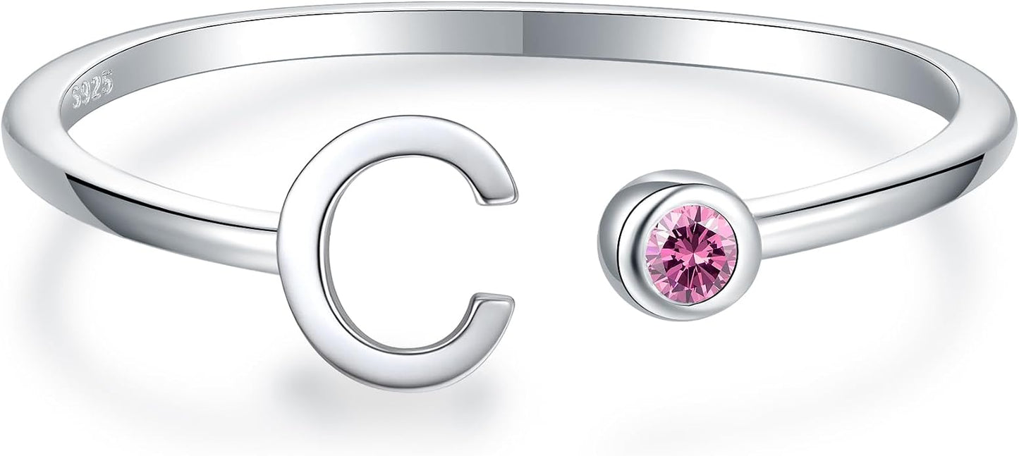 925 Sterling Silver Initial Letter Birthstone Rings for Women Adjustable 1-12 Month Birthstone Alphabet Stacking Ring for Teens Girls Stackable Birthstone Rings Birthday Jewelry Gift for Daughter Mom