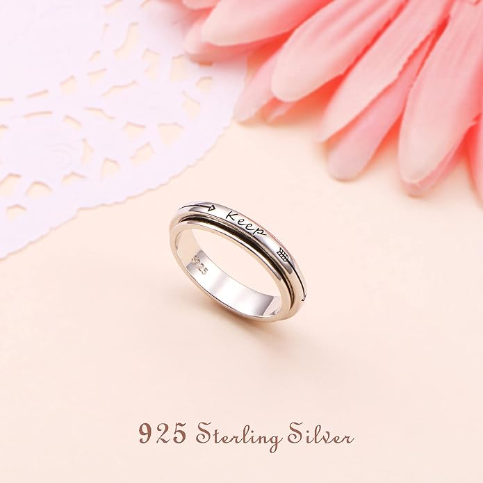 Alphm S925 Sterling Silver Spinner Fidget Anxiety Worry Relieving Boredom ADHD Autism Band Rings