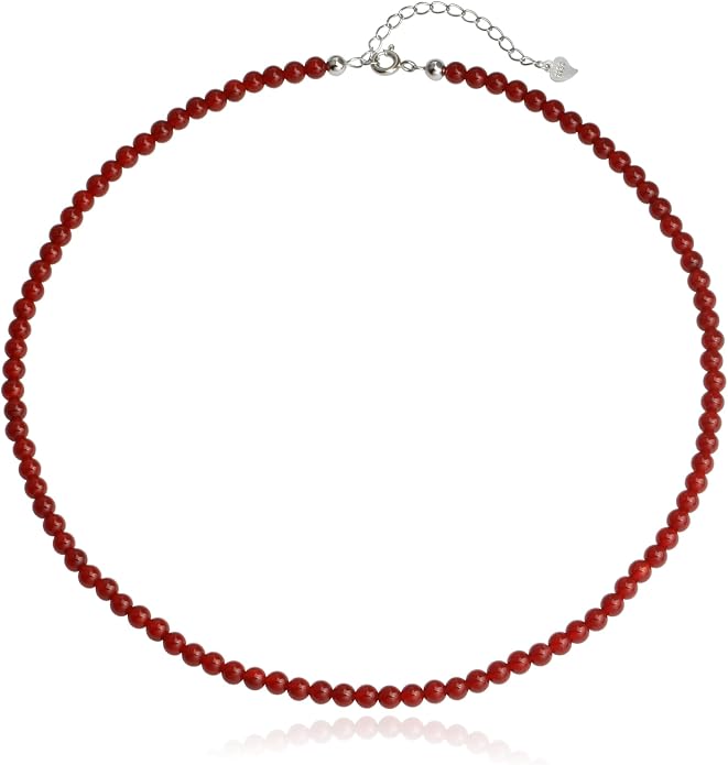 Kakikaki Natural Agate Choker Necklace Sterling Silver Round Beads Strand Necklace for Women