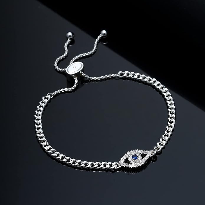 Apsvo Evil Eye Bracelet, Sideway Cross Bracelet, Silver 14K Gold Plated Bracelet for Women Adjustable Slide Chain Jewelry