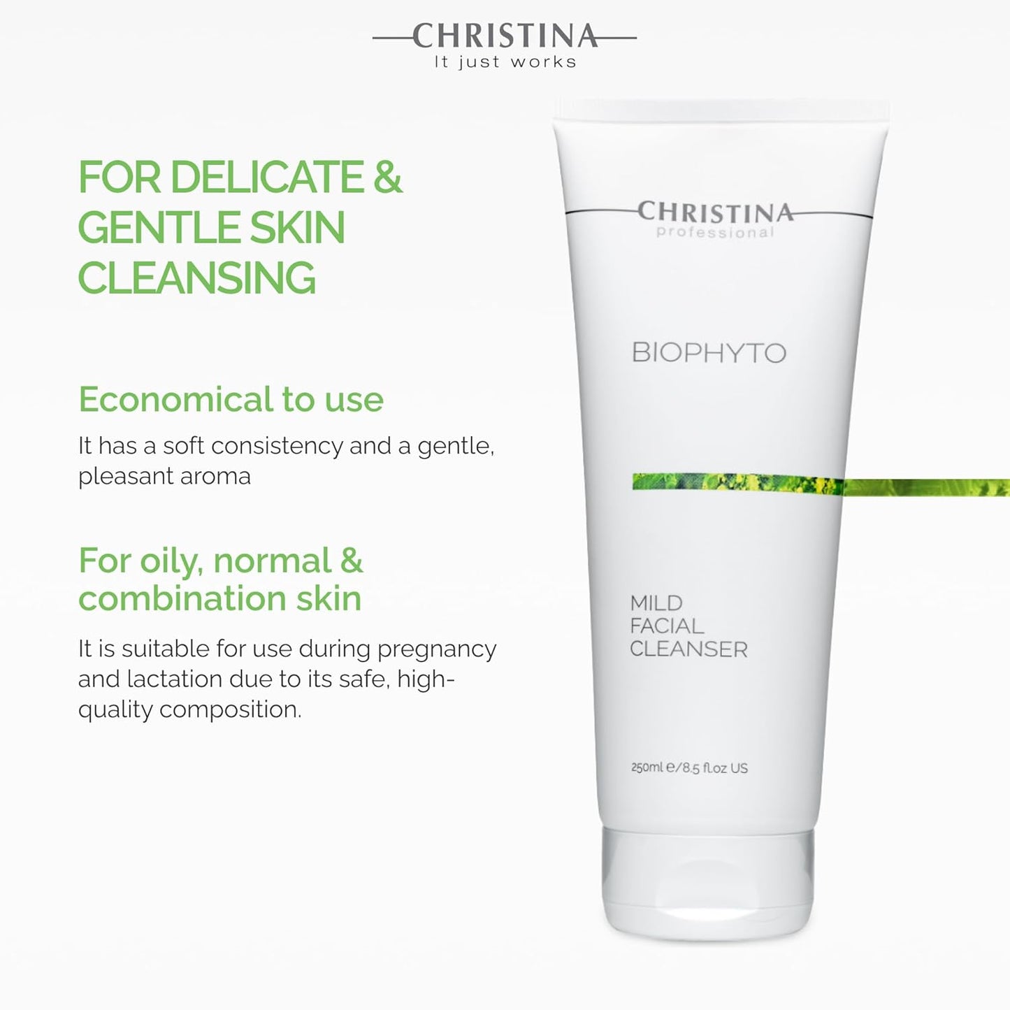 -CHRISTINA- Biophyto Mild Facial Cleanser with Green Tea and Cucumber Extracts - 250 ml - Soapless Gentle Face Wash and Daily Facial Cleanser for All Skin Types