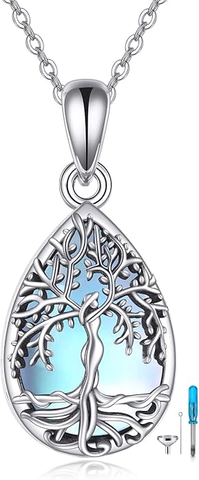 ONEFINITY Tree of Life Urn Necklace for Ashes Sterling Silver Moonstone Black Onyx Mass Agate Cremation Necklace for Ashes Keepsake Memory Jewelry for Women