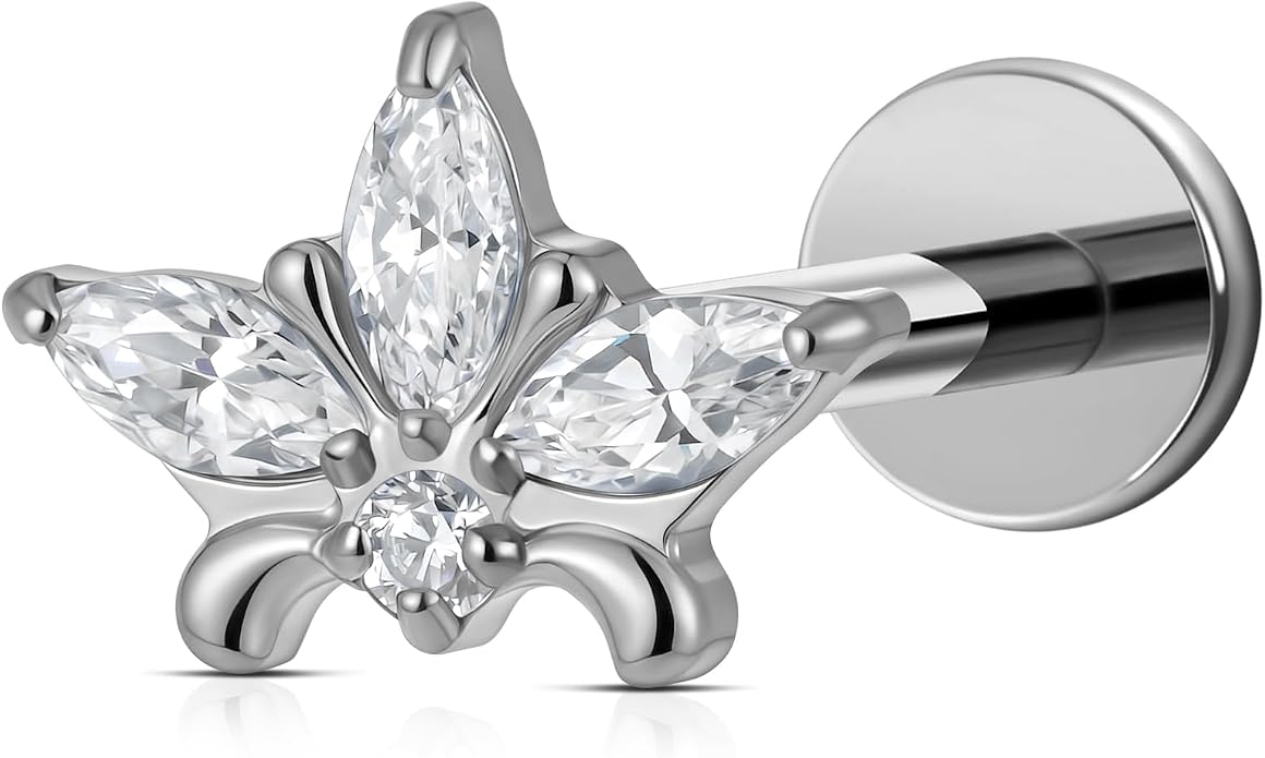 FINE4U ASTM F136 Titanium Piercing Jewelry Stud - 16G 6mm 8mm Triple Marquise Lotus Flower Cartilage Earring, Hypoallergenic Flatback Bridal Jewelry