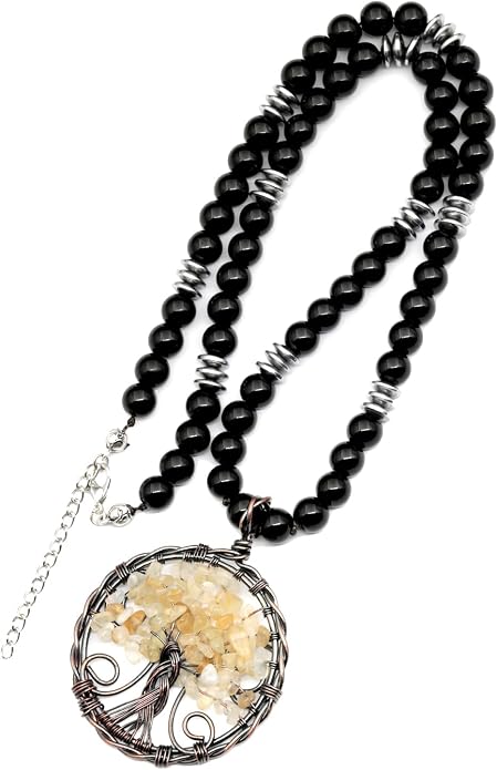 ElisaJewelryArt - Natural Amethyst Big Tree Of Life Pendant Black Onyx Stone Beaded Necklace Genuine Gemstone Feng Shui Stone Clasp Closure Necklace Unisex Necklace