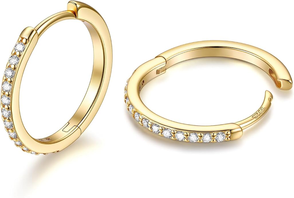 JustBeingCute 925 Sterling Silver Hoop Earrings for Women 14K Gold Plated Small Huggie Earrings Hypoallergenic Cubic Zirconia Cartilage Hoop Earring(8/10/12/14/16/18/20mm)