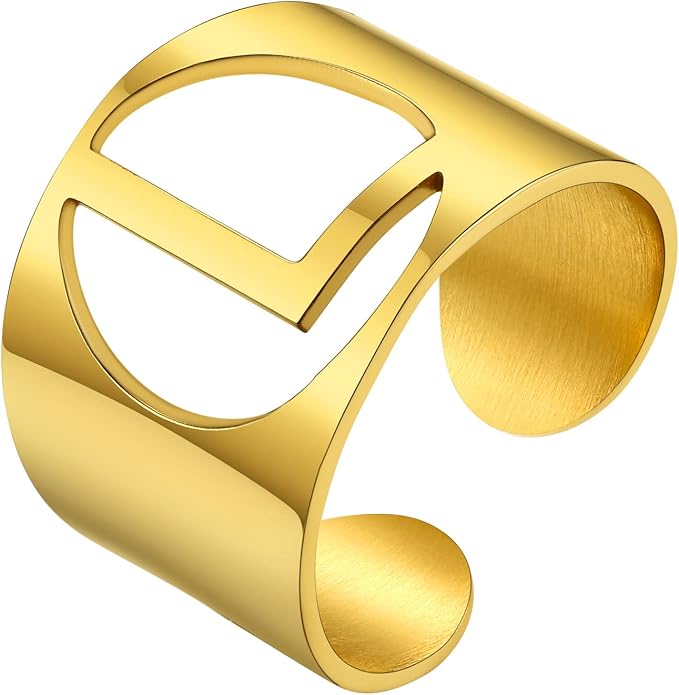 KeyStyle Bold Initial Letter Rings Adjustable, GoldChic Jewelry Women Gold Statement Ring Personalized Engraved Women’s Open Signet Ring for Party (Gold, White Gold, Black)