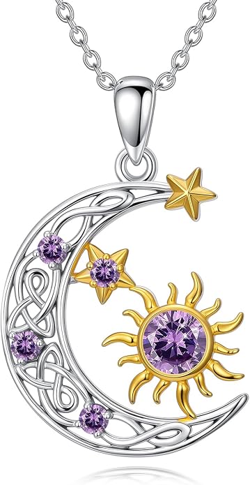PELOVNY Sun and Moon Necklace for Women 925 Sterling Silver Sun Moon Star Birthstone Pendant Necklaces Birthday Christmas Jewelry Gifts for Mom Daughter Wife Sister